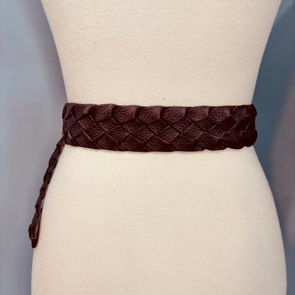 VTG Oversized Wide Brown Braided Leather Belt Gold Buckle, Women's L/XL - Picture 5 of 8